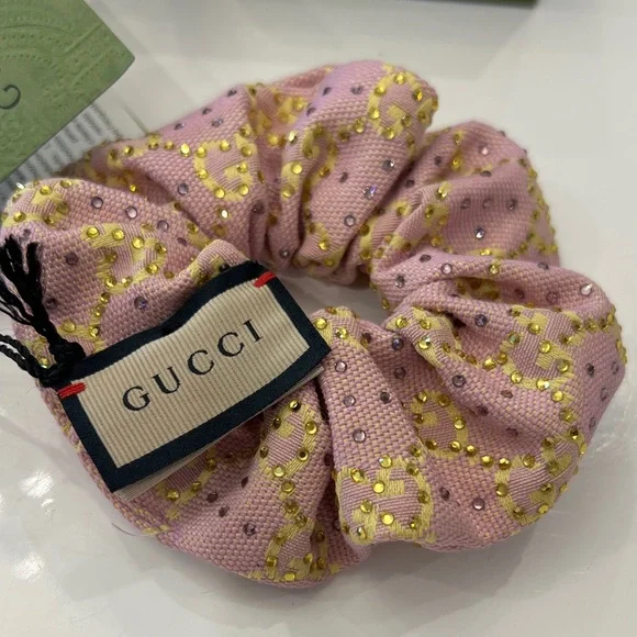 Gucci Pink and Gold Patterned Hair Scrunchie display picture 1